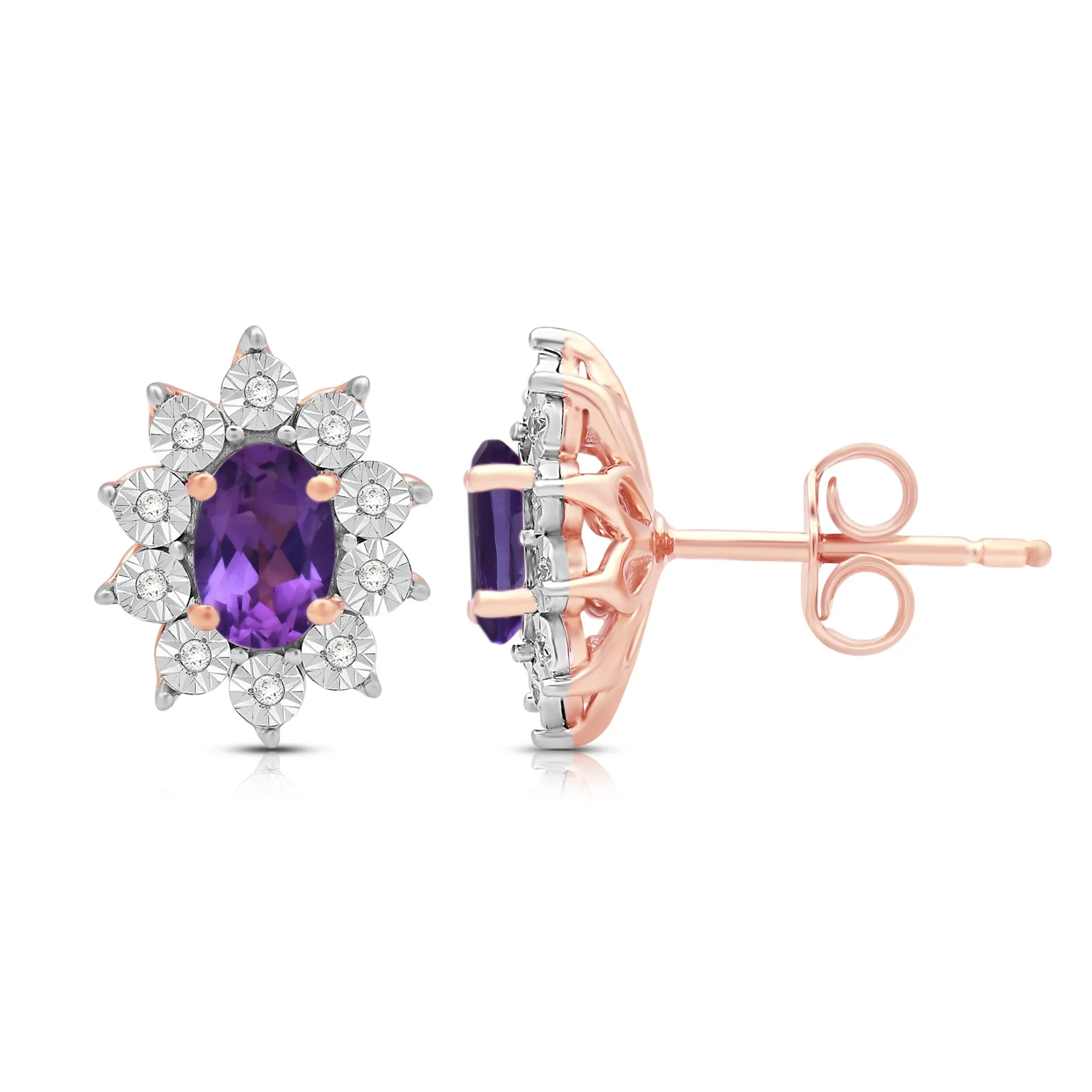 Jewelili 14K Rose Gold Over Sterling Sliver Oval Created Amethyst and 1/20 CTTW Natural White Round Diamond Cluster Stud Earrings