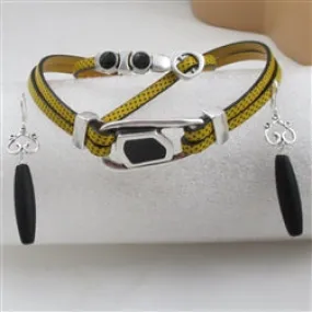 Jewelry Set Yellow Leather Choker & Bracelet  Black Sea Glass Earrings