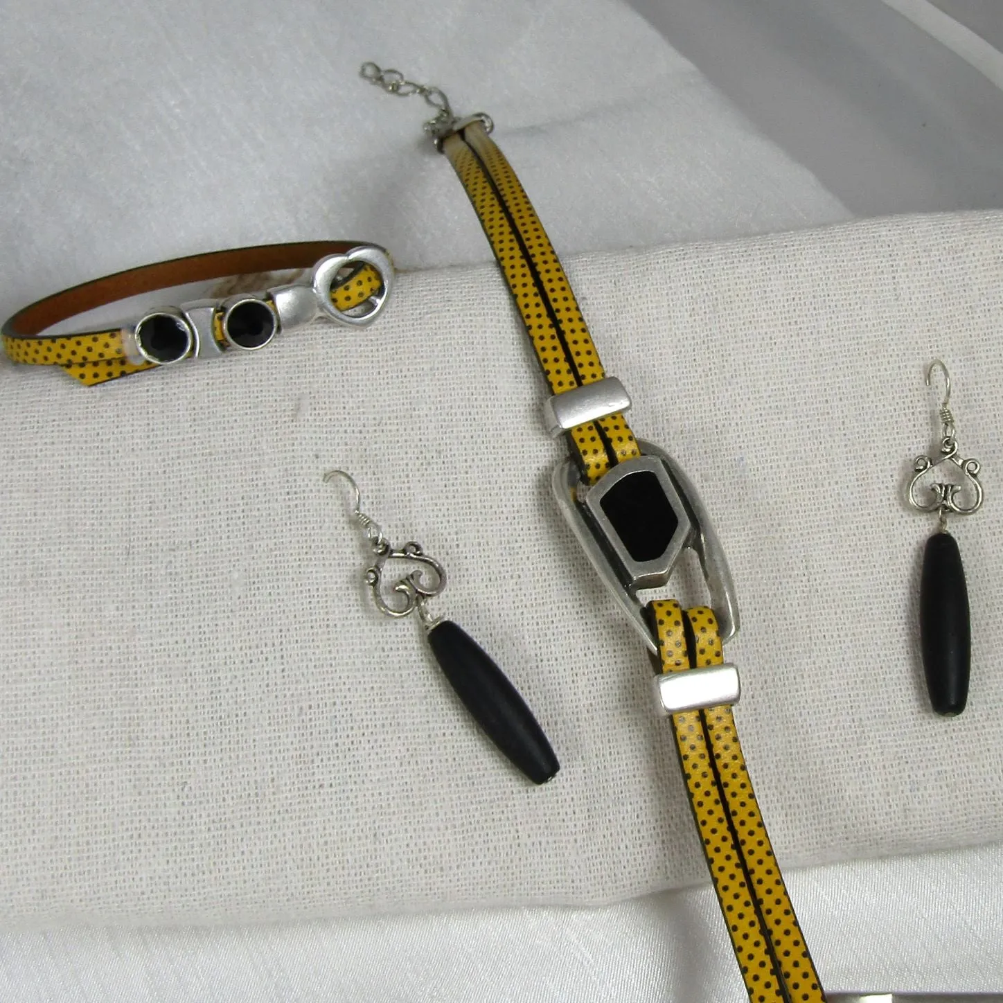 Jewelry Set Yellow Leather Choker & Bracelet  Black Sea Glass Earrings