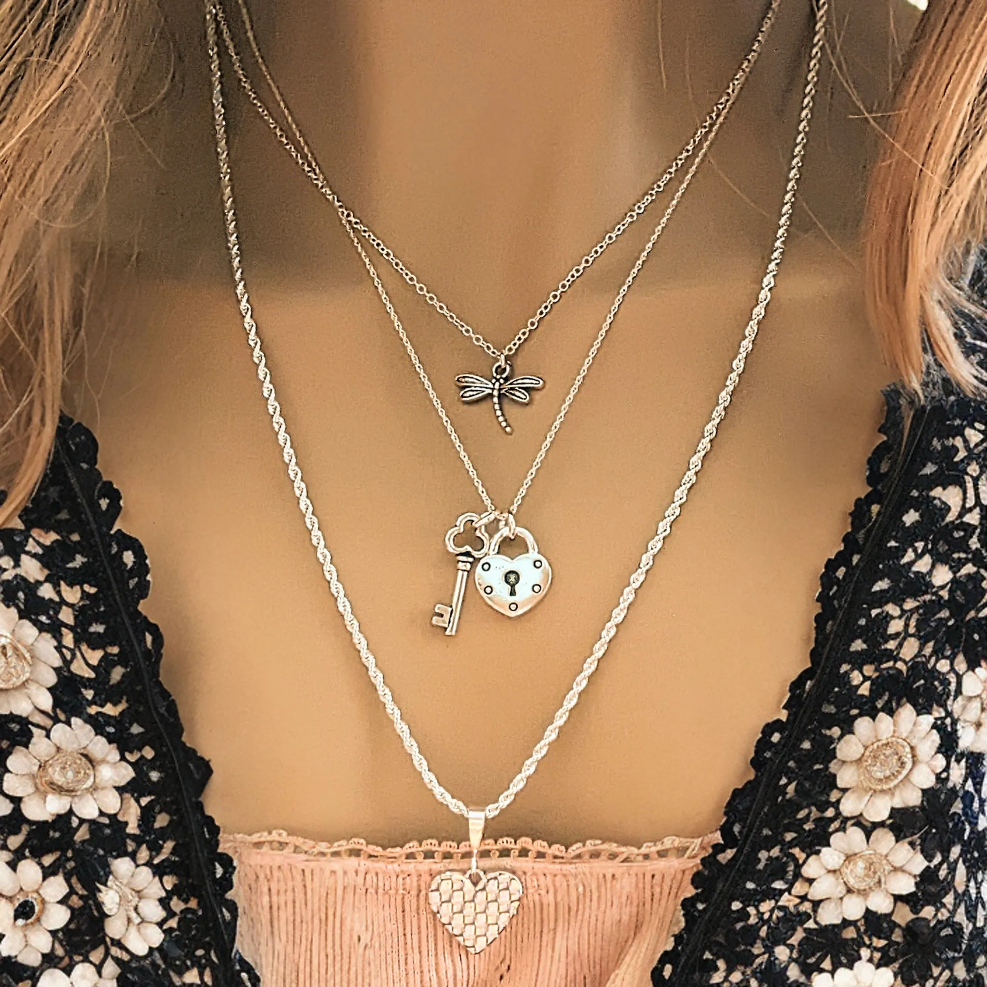 Key to my Heart Lock Layered Necklace Set