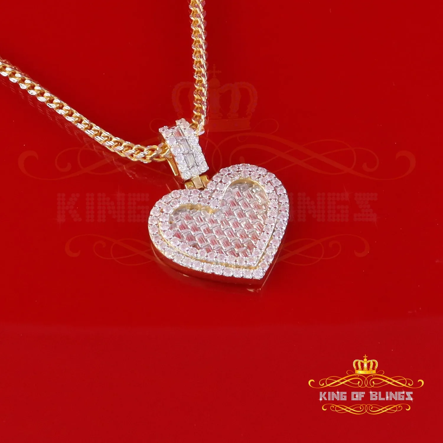 King Of Bling's 925 Yellow Silver Baguette Heart Pendant 4.00ct VVS D Clr. Moissanite for He/She