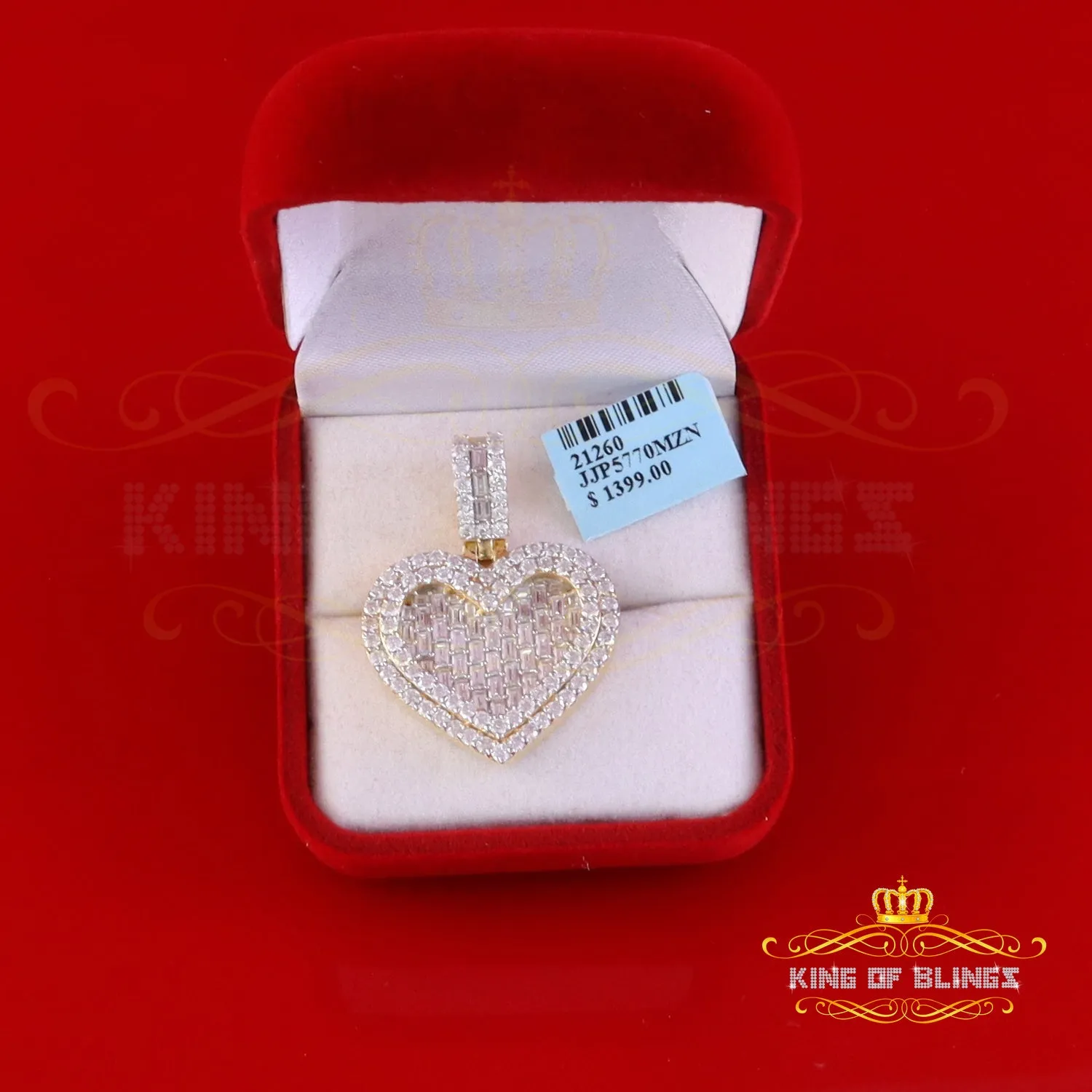 King Of Bling's 925 Yellow Silver Baguette Heart Pendant 4.00ct VVS D Clr. Moissanite for He/She