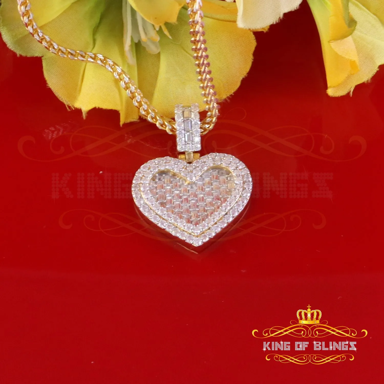 King Of Bling's 925 Yellow Silver Baguette Heart Pendant 4.00ct VVS D Clr. Moissanite for He/She