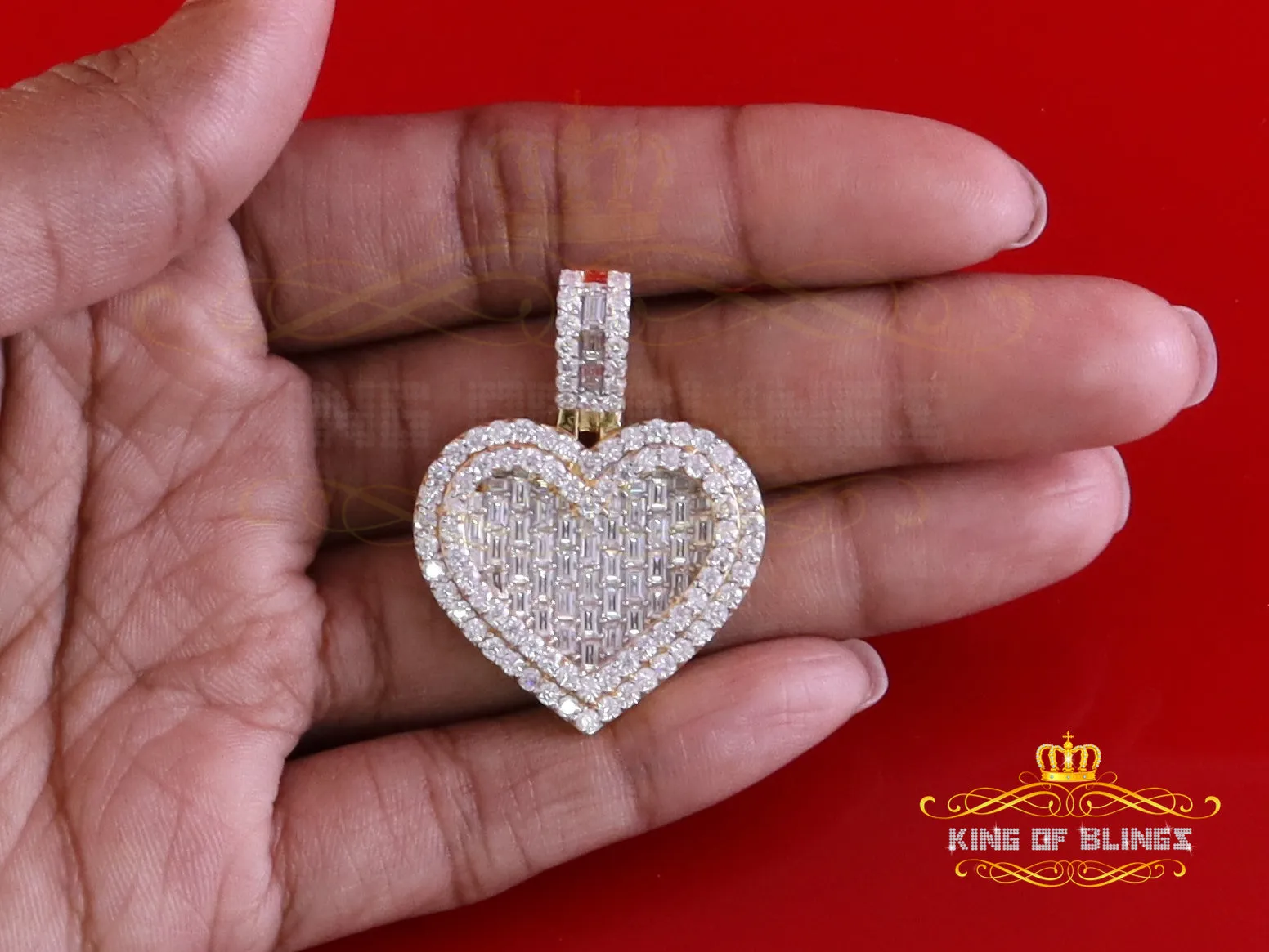 King Of Bling's 925 Yellow Silver Baguette Heart Pendant 4.00ct VVS D Clr. Moissanite for He/She