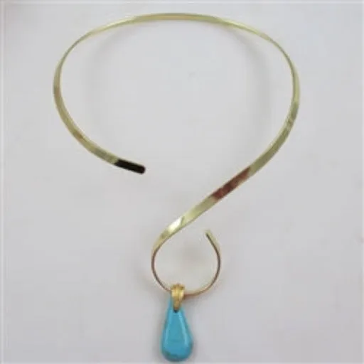 Kingman Turquoise Handcut Teardrop Pendant on Unique Gold Choker