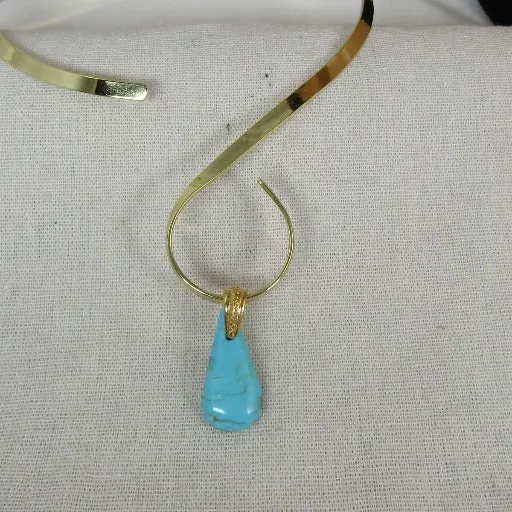 Kingman Turquoise Handcut Teardrop Pendant on Unique Gold Choker