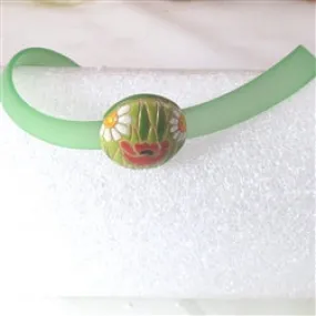 Lt. Green Ribbon Choker Necklace Handmade Floral Bead Accent