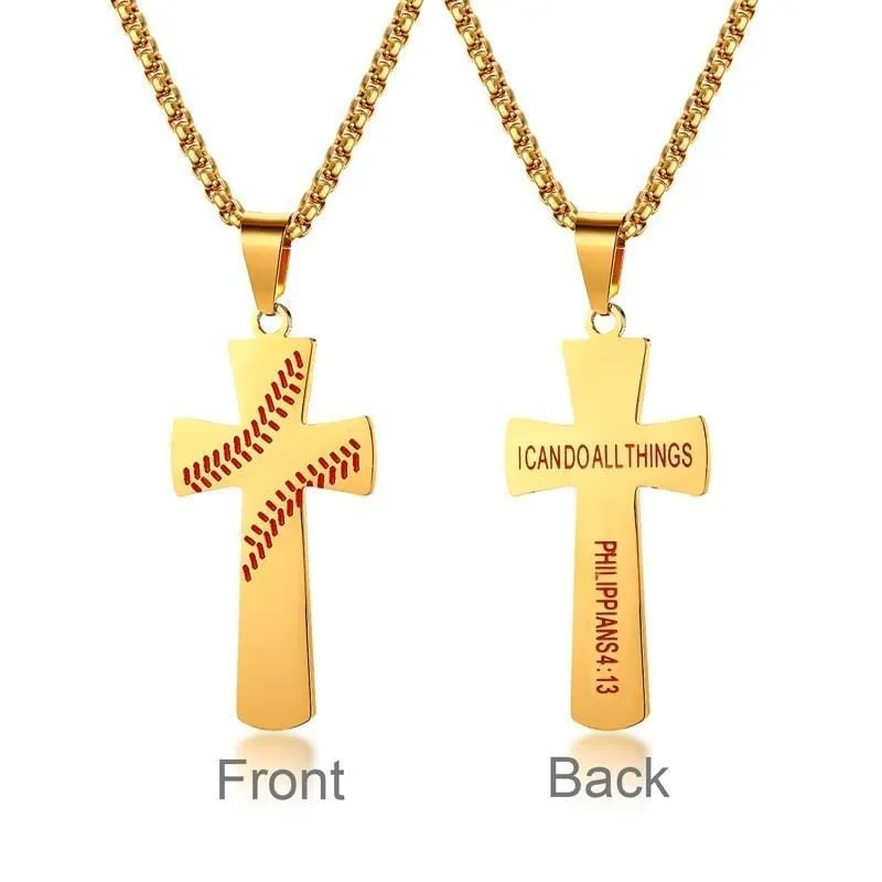 Men's Christian Necklace <br> I Can Do All Things Baseball (Gold)