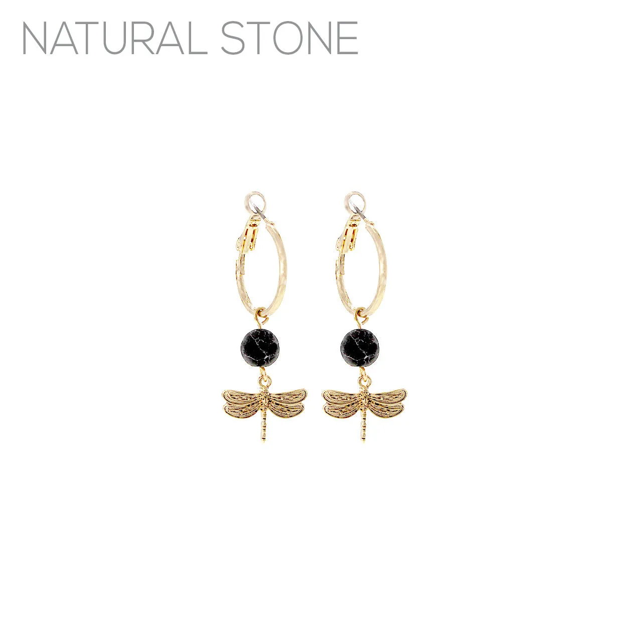 Natural Stone Dragonfly Drop Hoop Earring - In Gold & Silver