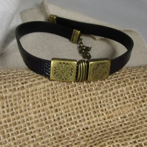 Navy Blue Leather Ribbon Choker Necklace