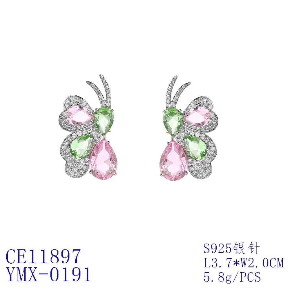 New Cubic Zircon Butterfly Earrings for Wedding, Crystals Stud Earring for Bride, 925 Silver Pin CE11897