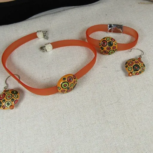 Orange Jelly Band Ribbon Choker & Bracelet Bubble Earrings Jewelry Set