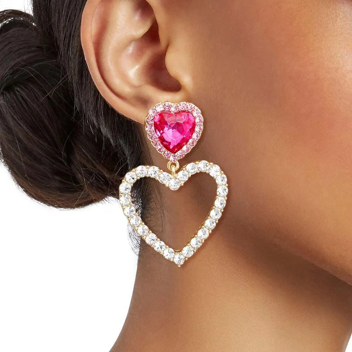 Pink Heart Stud Earrings Dangle Open Love Gold Plated