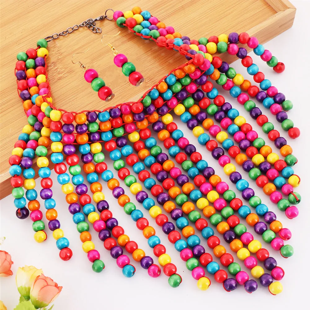 Savanna Rhythms Wooden Bead Tassel Choker Necklace