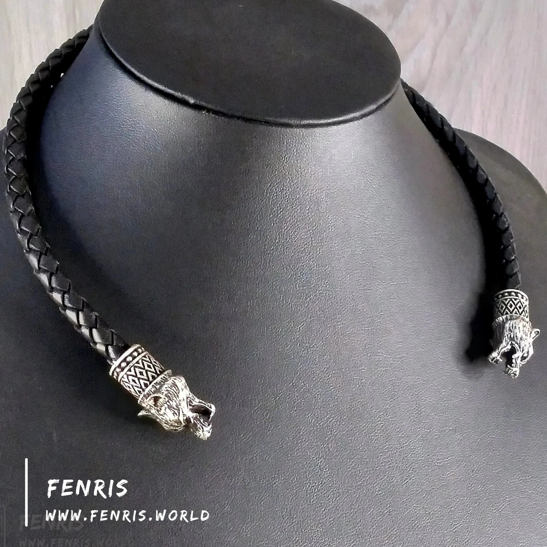 Silver Torc Wolf Black Leather | Fenris