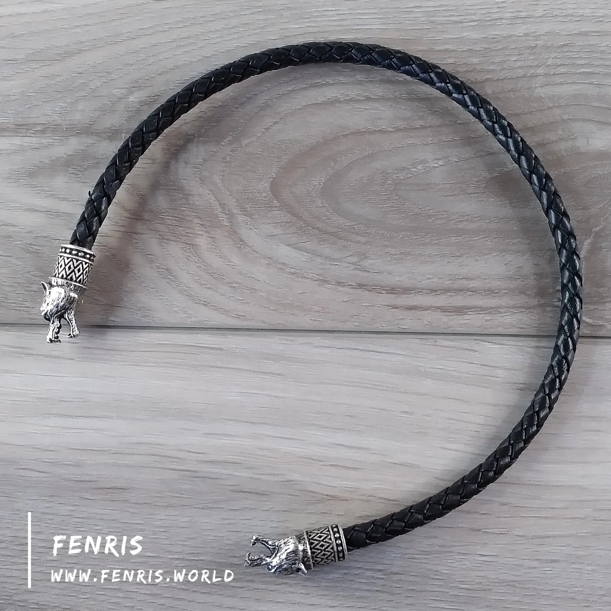 Silver Torc Wolf Black Leather | Fenris