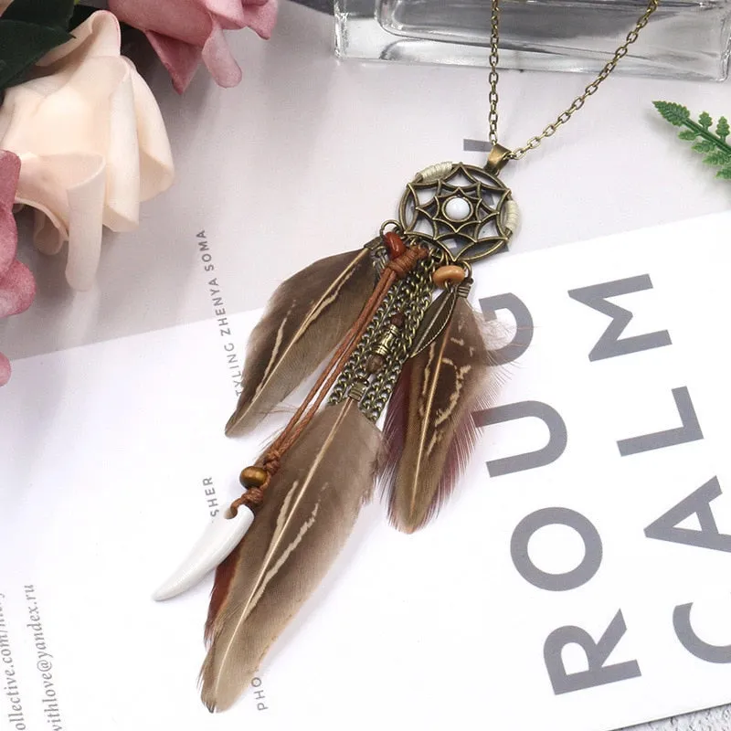 Women Bohemian Ethnic Long Chain Feather Pendant Dreamcatcher Necklace Choker Boho Clothing Jewelry