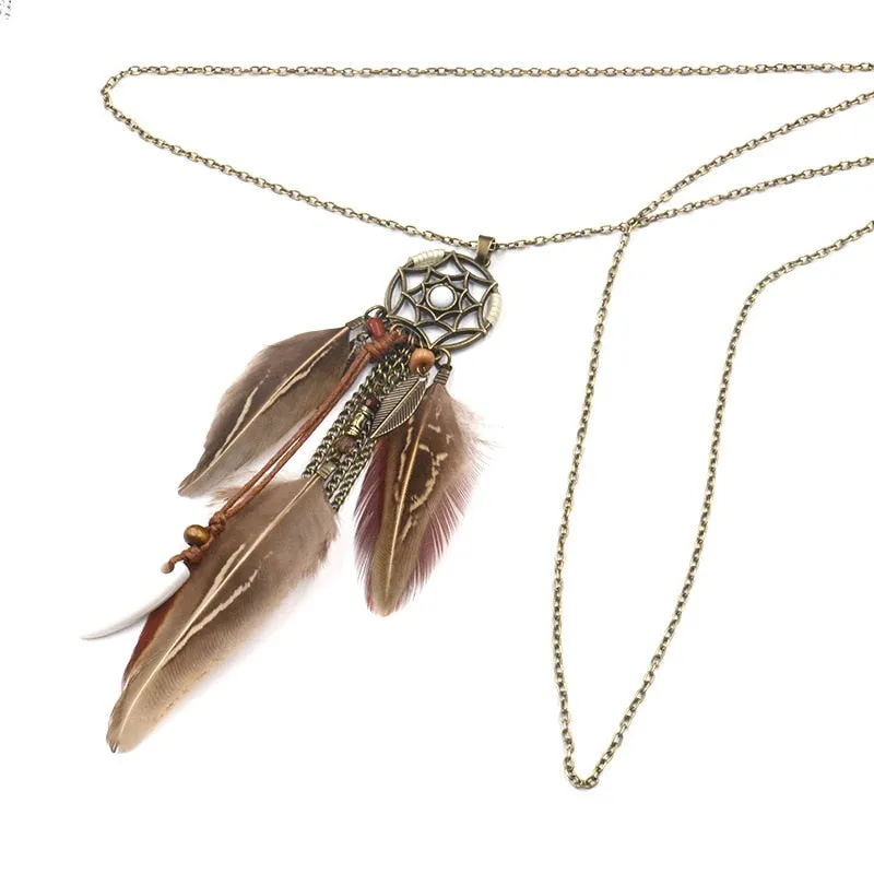 Women Bohemian Ethnic Long Chain Feather Pendant Dreamcatcher Necklace Choker Boho Clothing Jewelry