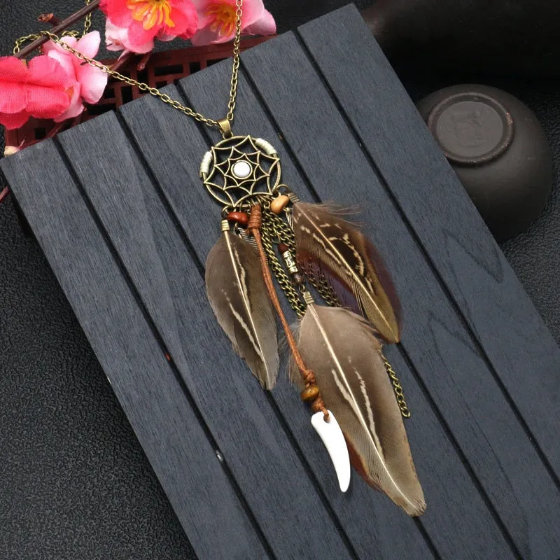 Women Bohemian Ethnic Long Chain Feather Pendant Dreamcatcher Necklace Choker Boho Clothing Jewelry