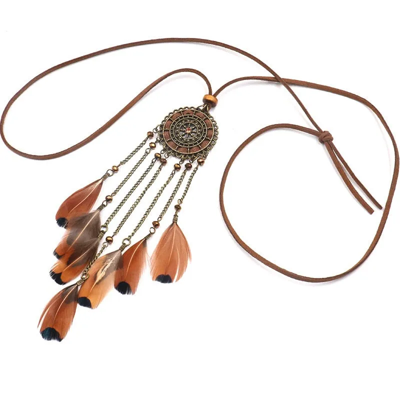 Women Bohemian Ethnic Long Chain Feather Pendant Dreamcatcher Necklace Choker Boho Clothing Jewelry