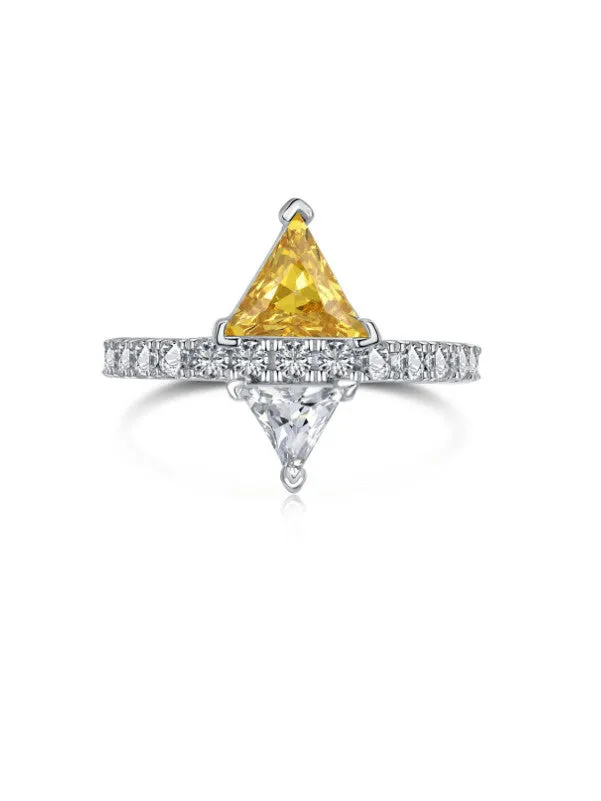 Yellow Triangle Zircon Ring, 925 Sterling Silver Double Triangle Statement Ring